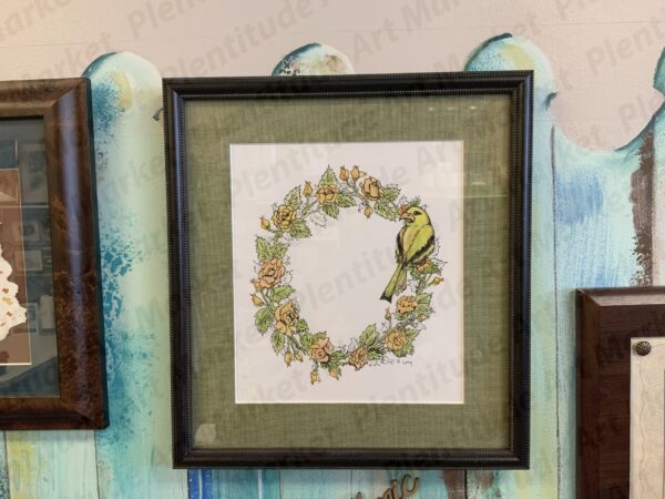 Nostalgic Garden Wreath - Watercolor tinted Pen and Ink Drawing, Rickie Long, Artist