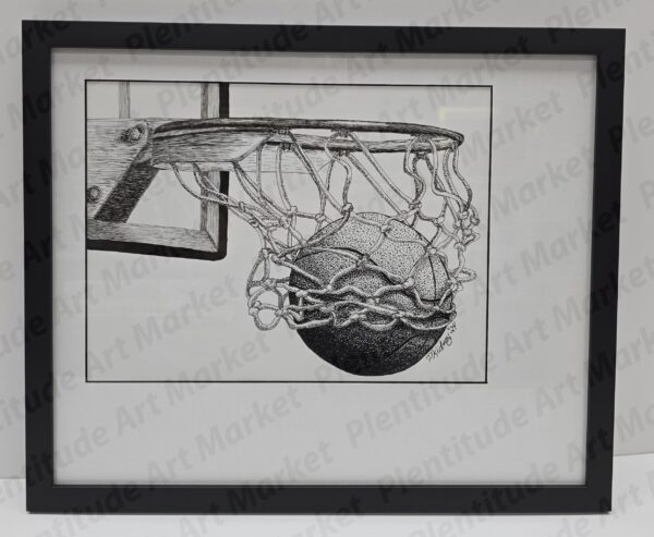 Framed in Black metal 14.25 x 17 with black core white mat off center to show the "motion" of the basketball